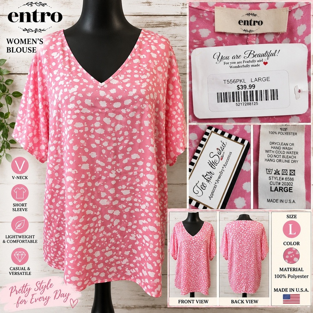 Entro Womens Pink White Animal Spot V-Neck Blouse T556PKL Large NEW